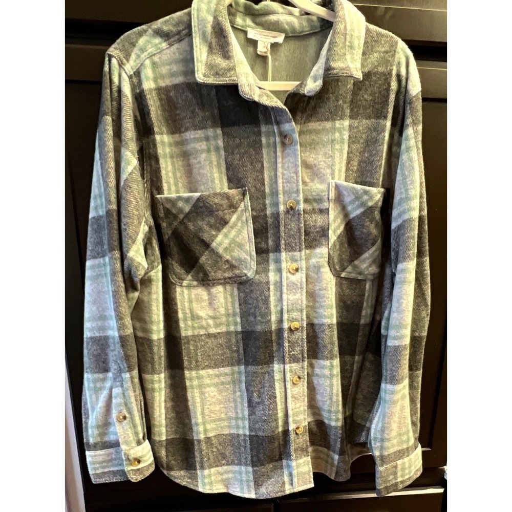 Beachlunchlounge Savi Shacket Plaid Shirt Jacket Jalapeno Popper Green Grey 1X